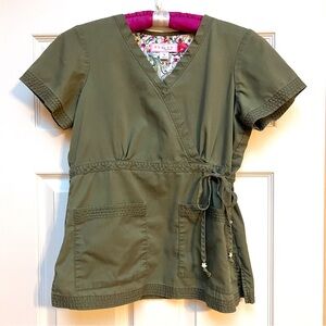 Koi Scrub Top, V neck, Olive Green